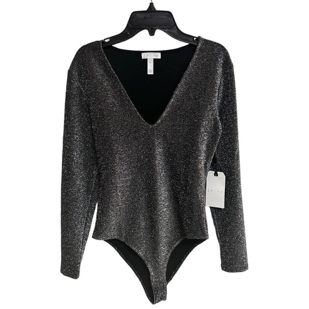 Leith Silver Metallic V-Neck Long Sleeve Bodysuit Size M Sparkle Party Top - Picture 3 of 7
